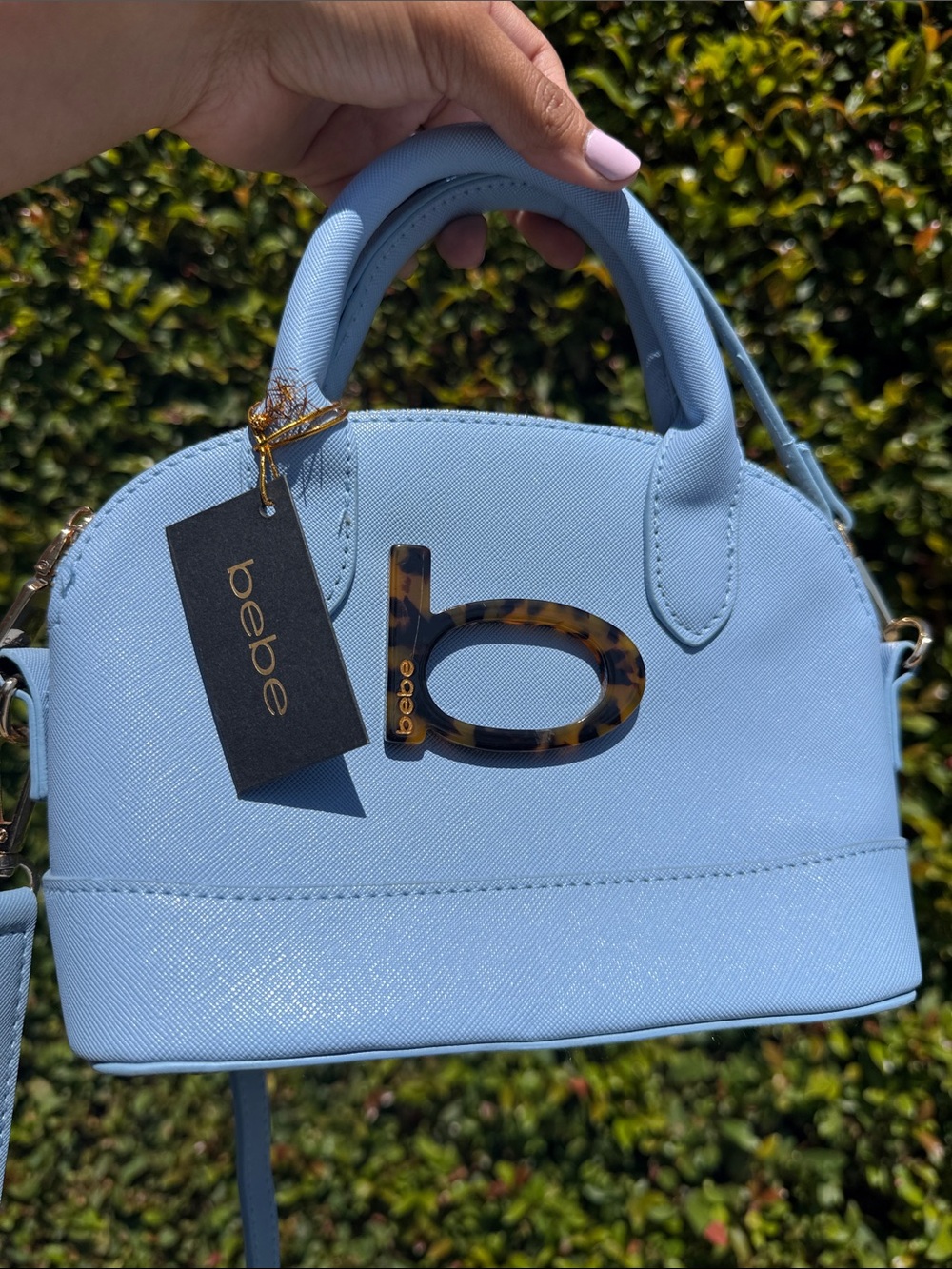 bebe Light Blue Mini Dome Satchel with Tortoise 'b' Accent